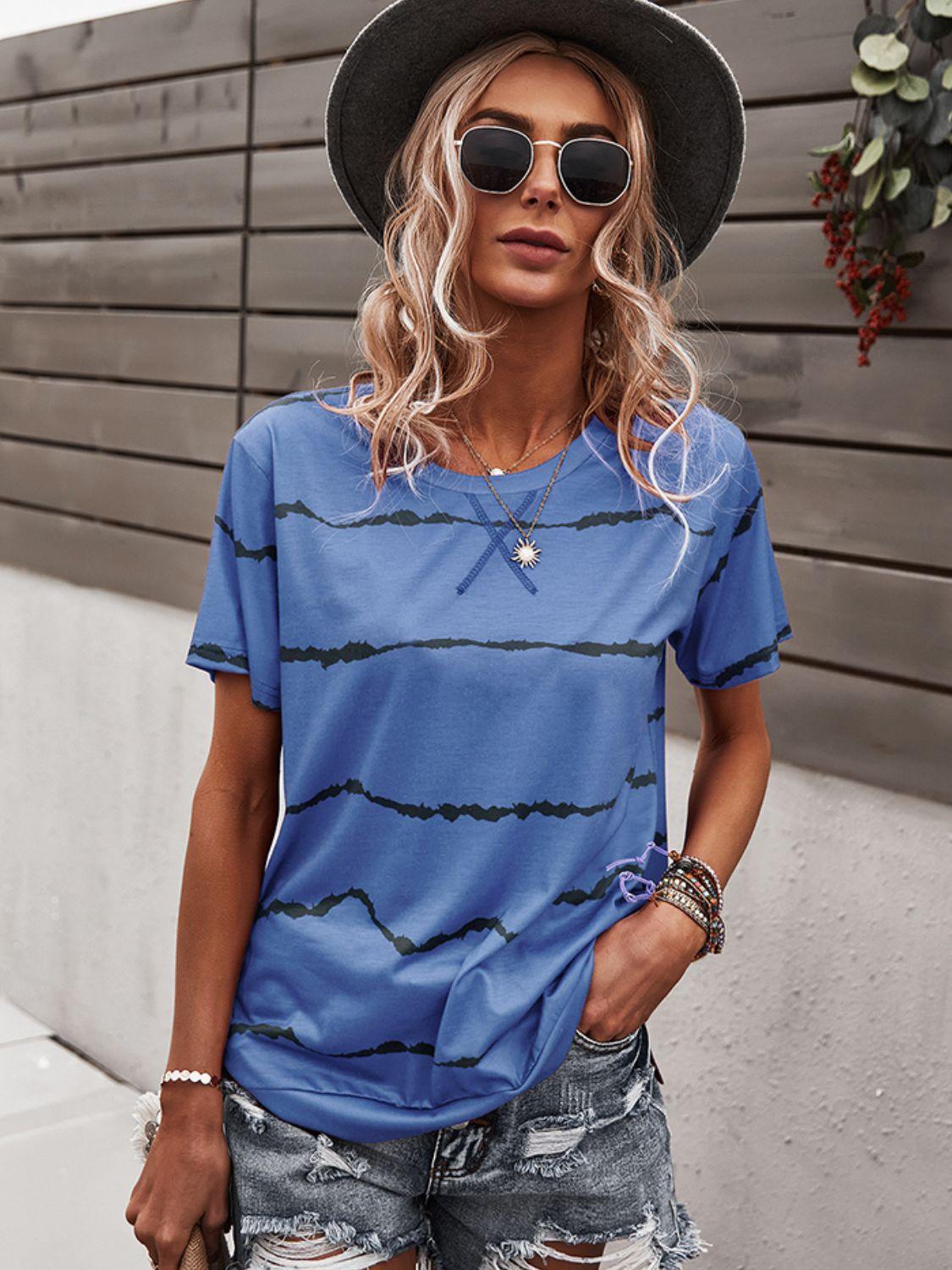 Waveform Print Round Neck Tee - PEONIES + LIME