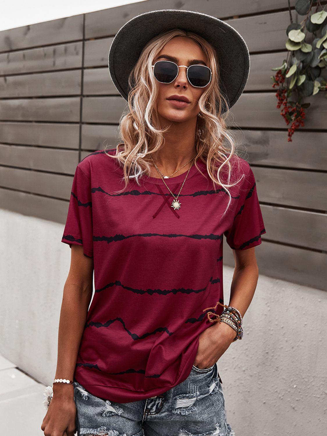 Waveform Print Round Neck Tee - PEONIES + LIME