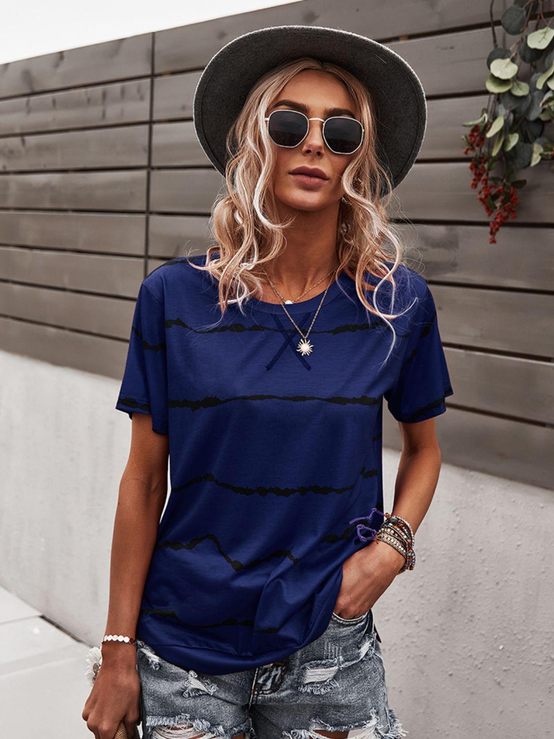 Waveform Print Round Neck Tee - PEONIES + LIME