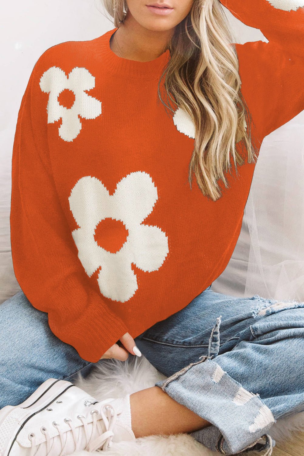 The Fauna Round Neck Floral Pattern Long Sleeve Sweater - PEONIES & LIME