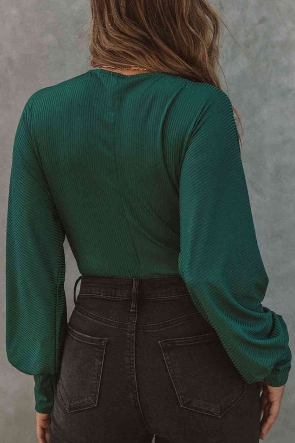 The Genesis Ribbed Surplice Neck Lantern Sleeve Bodysuit