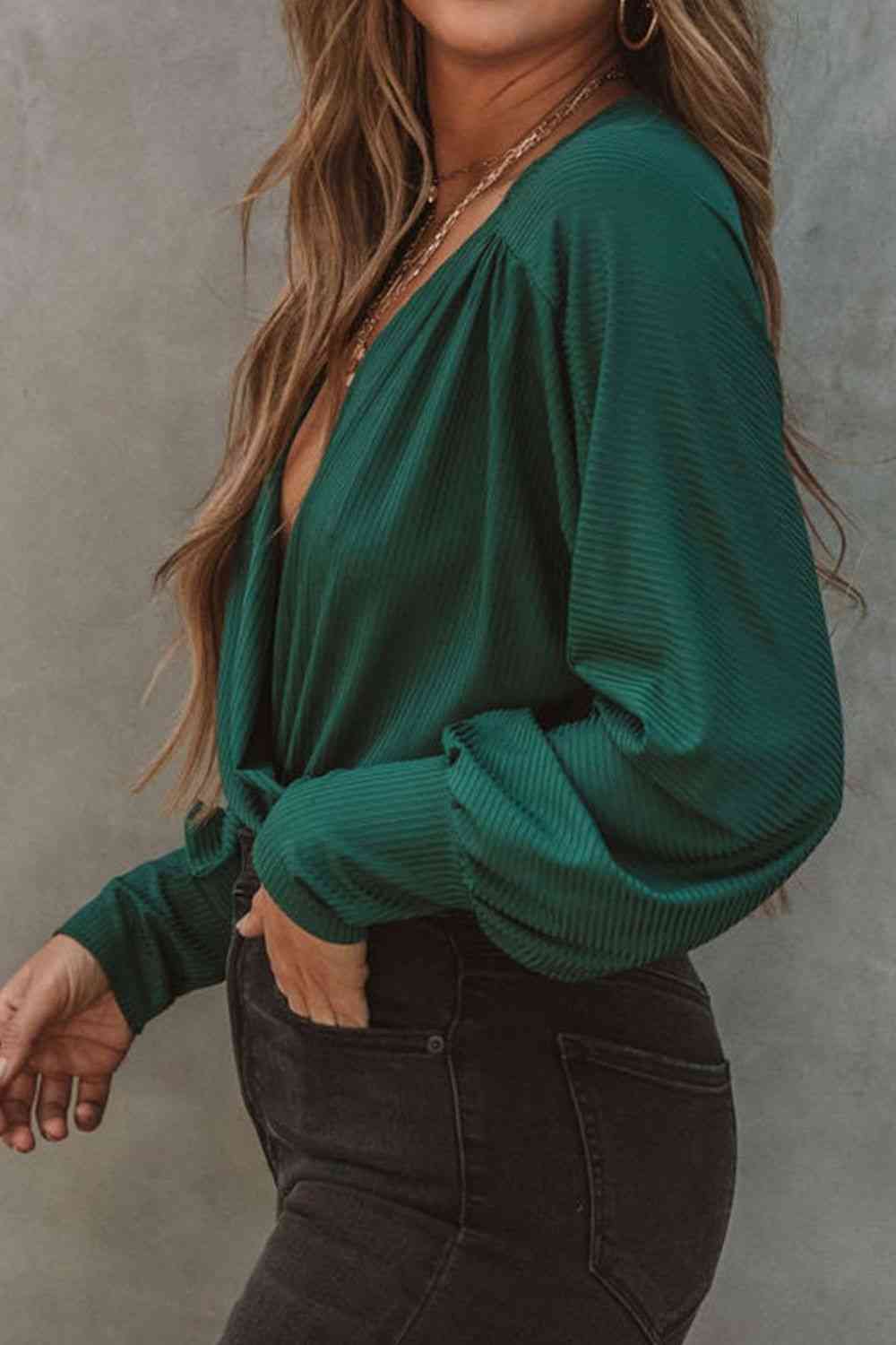 The Genesis Ribbed Surplice Neck Lantern Sleeve Bodysuit
