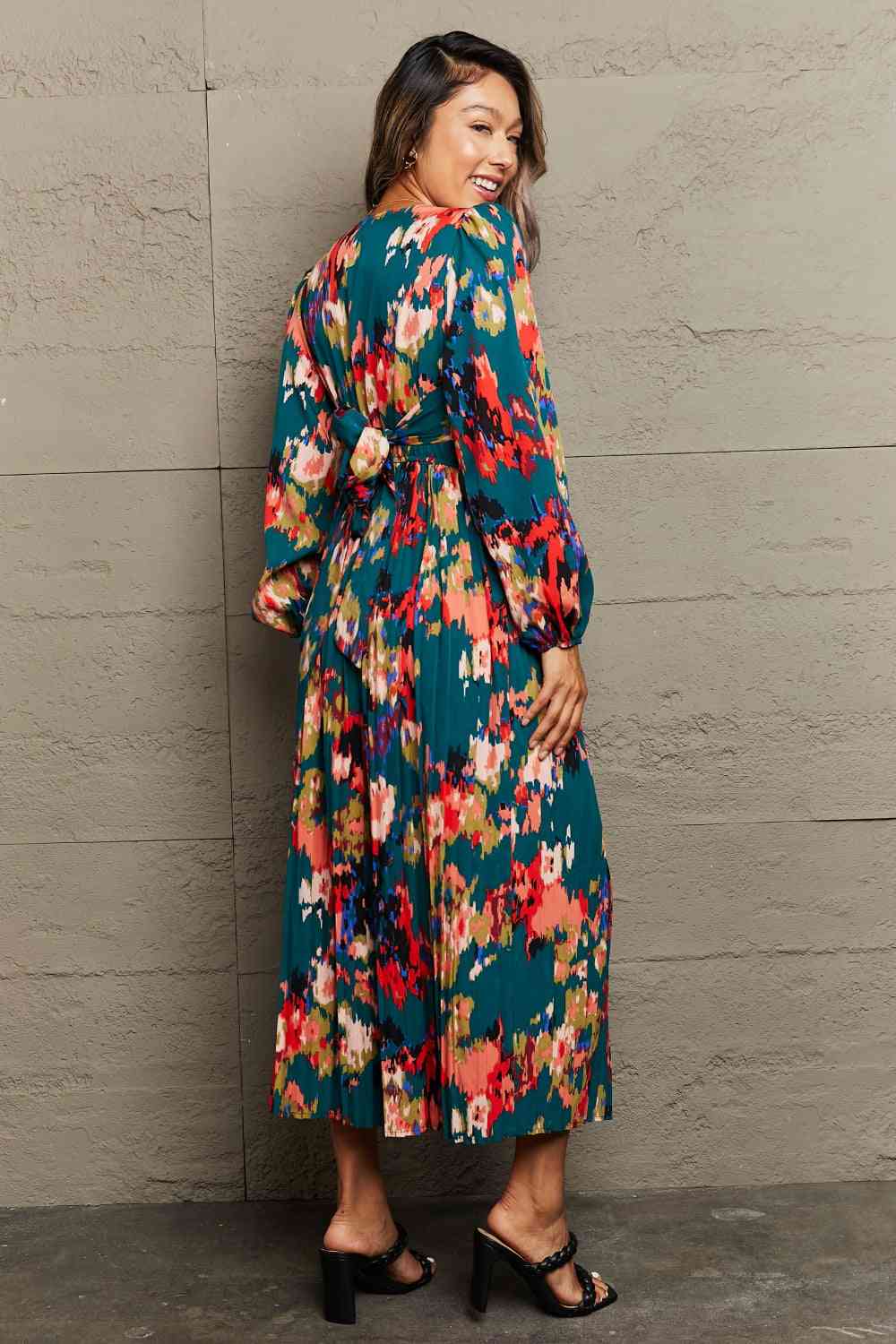 The Halle Floral Deep V Slit Pleated Dress