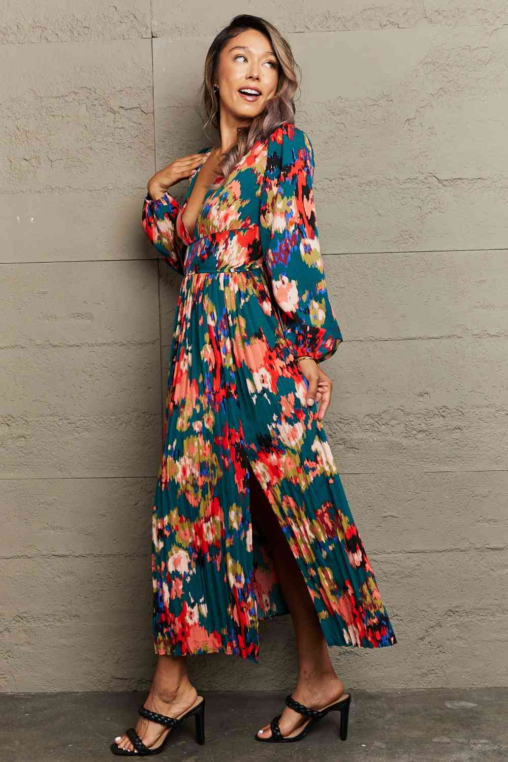 The Halle Floral Deep V Slit Pleated Dress
