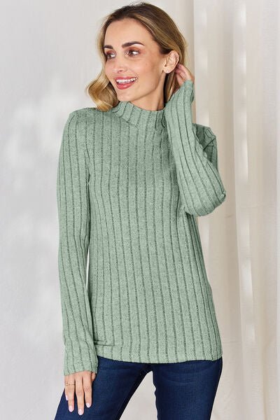 The Honey Ribbed Mock Neck Long Sleeve T-Shirt - PEONIES & LIME