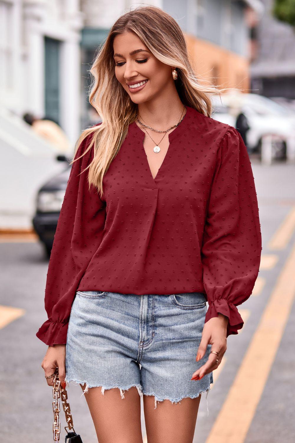 Swiss Dot Notched Neck Flounce Sleeve Blouse - PEONIES + LIME