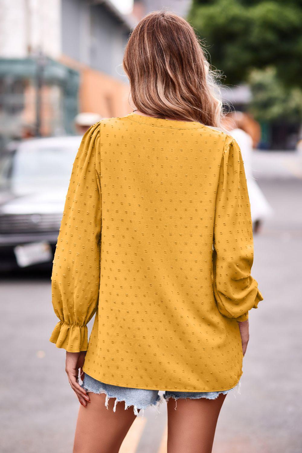 Swiss Dot Notched Neck Flounce Sleeve Blouse - PEONIES + LIME