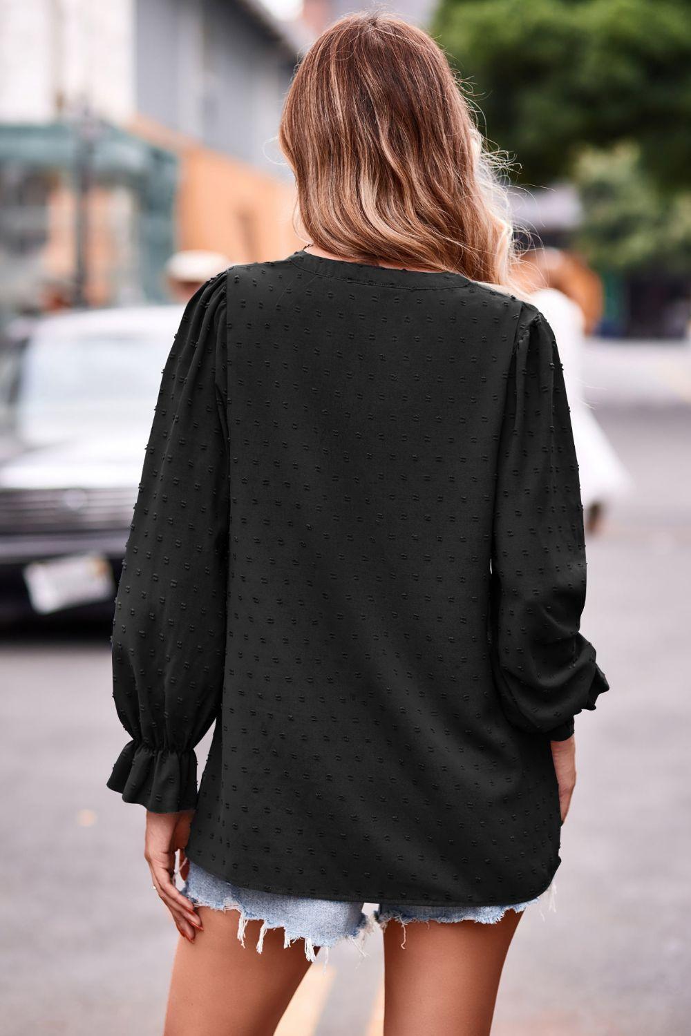 Swiss Dot Notched Neck Flounce Sleeve Blouse - PEONIES + LIME