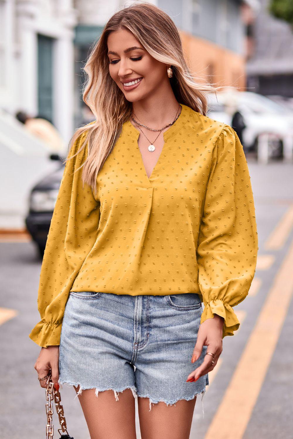 Swiss Dot Notched Neck Flounce Sleeve Blouse - PEONIES + LIME