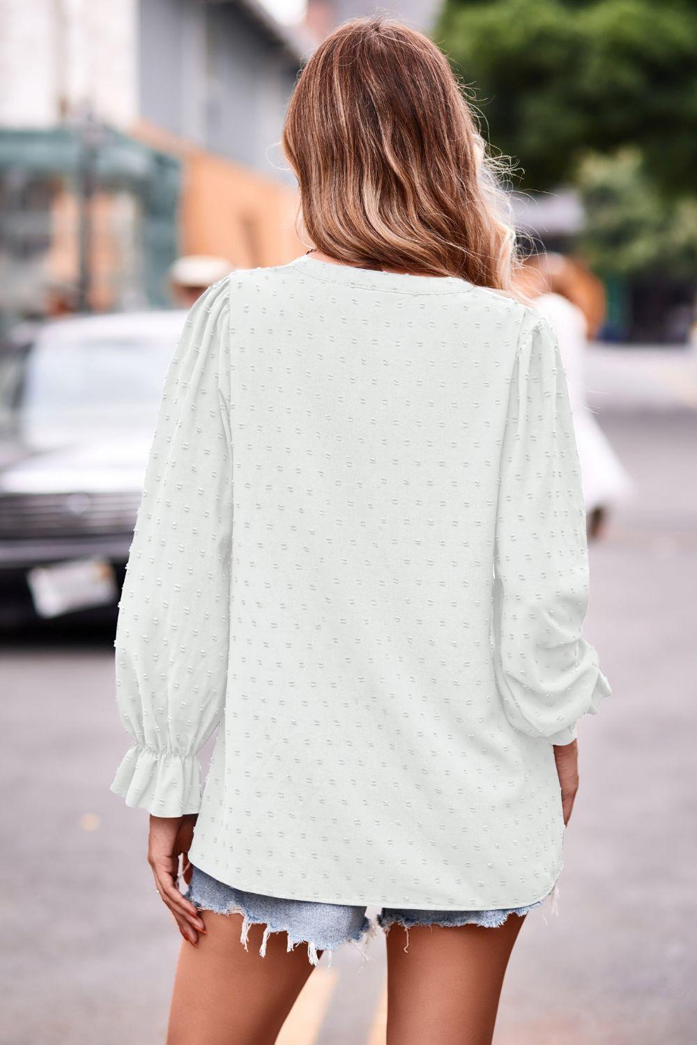Swiss Dot Notched Neck Flounce Sleeve Blouse - PEONIES + LIME