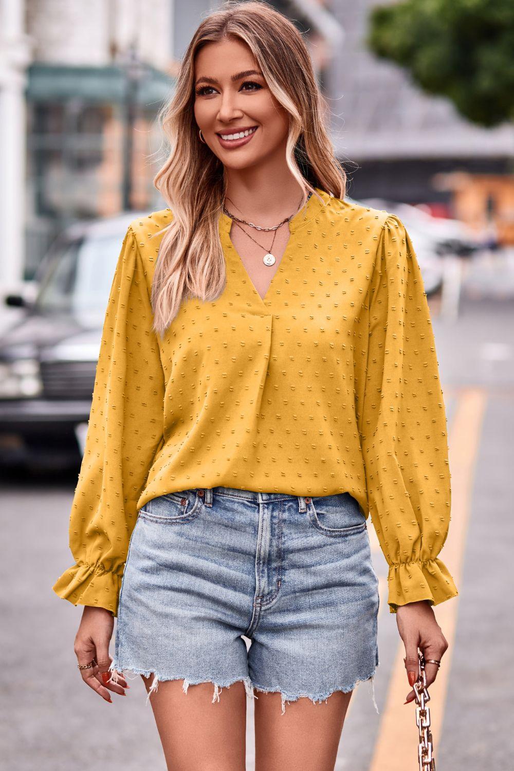 Swiss Dot Notched Neck Flounce Sleeve Blouse - PEONIES + LIME