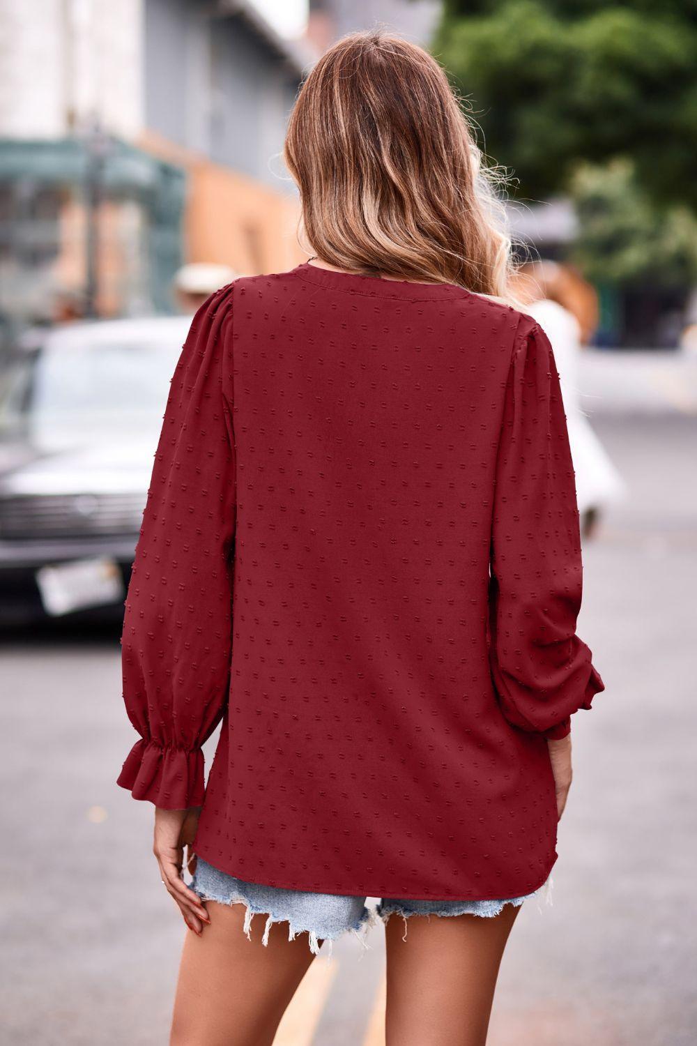 Swiss Dot Notched Neck Flounce Sleeve Blouse - PEONIES + LIME