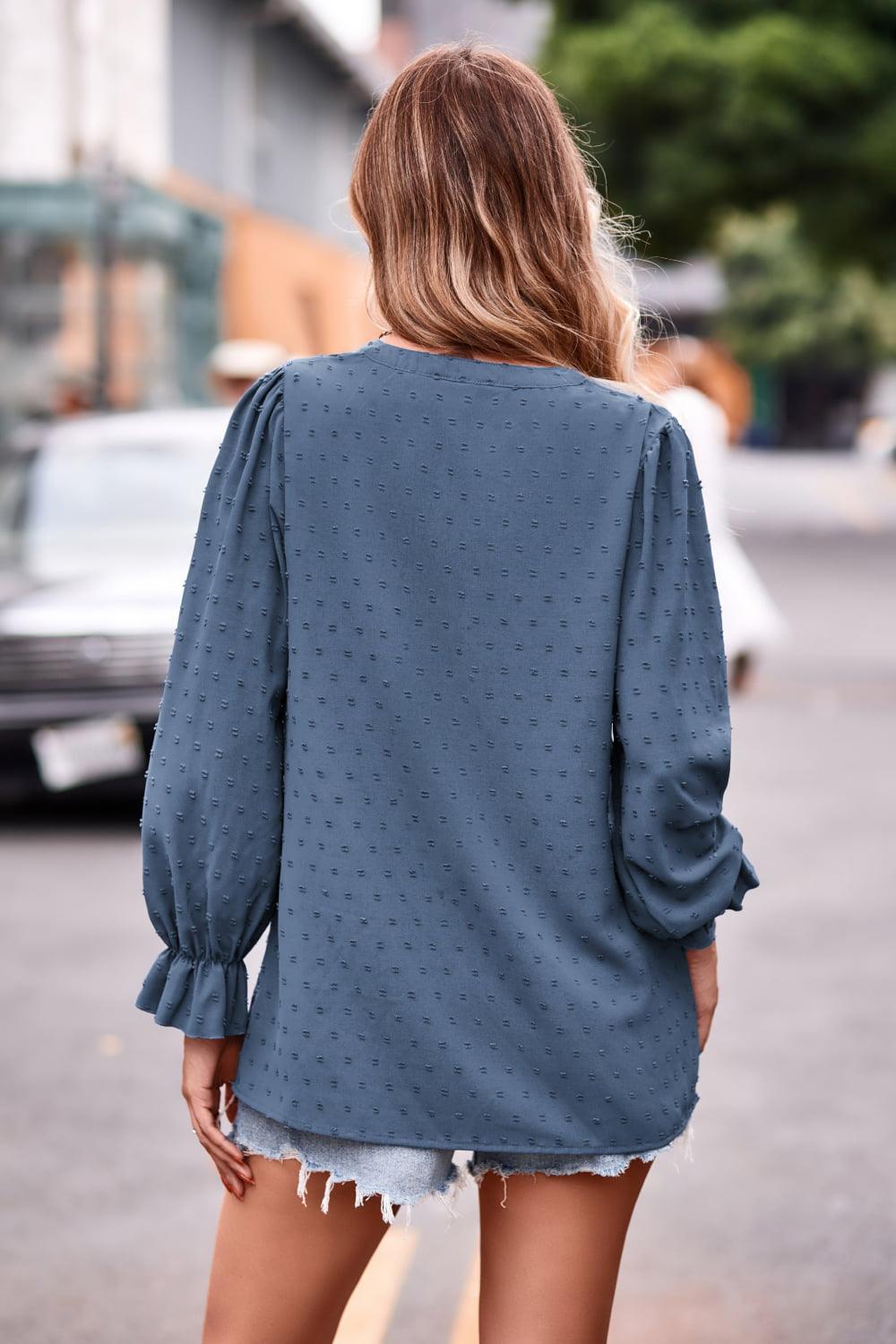 Swiss Dot Notched Neck Flounce Sleeve Blouse - PEONIES + LIME