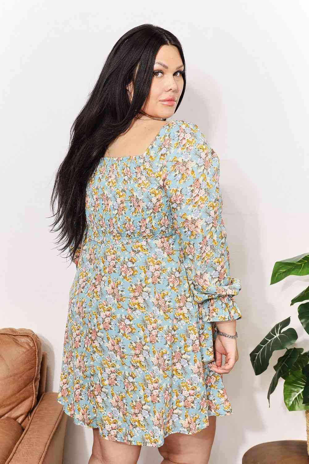 The Kimberly Floral Smocked Flounce Sleeve Square Neck Dress