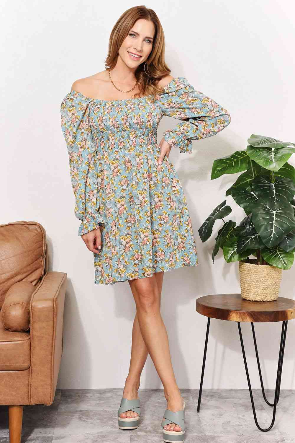 The Kimberly Floral Smocked Flounce Sleeve Square Neck Dress
