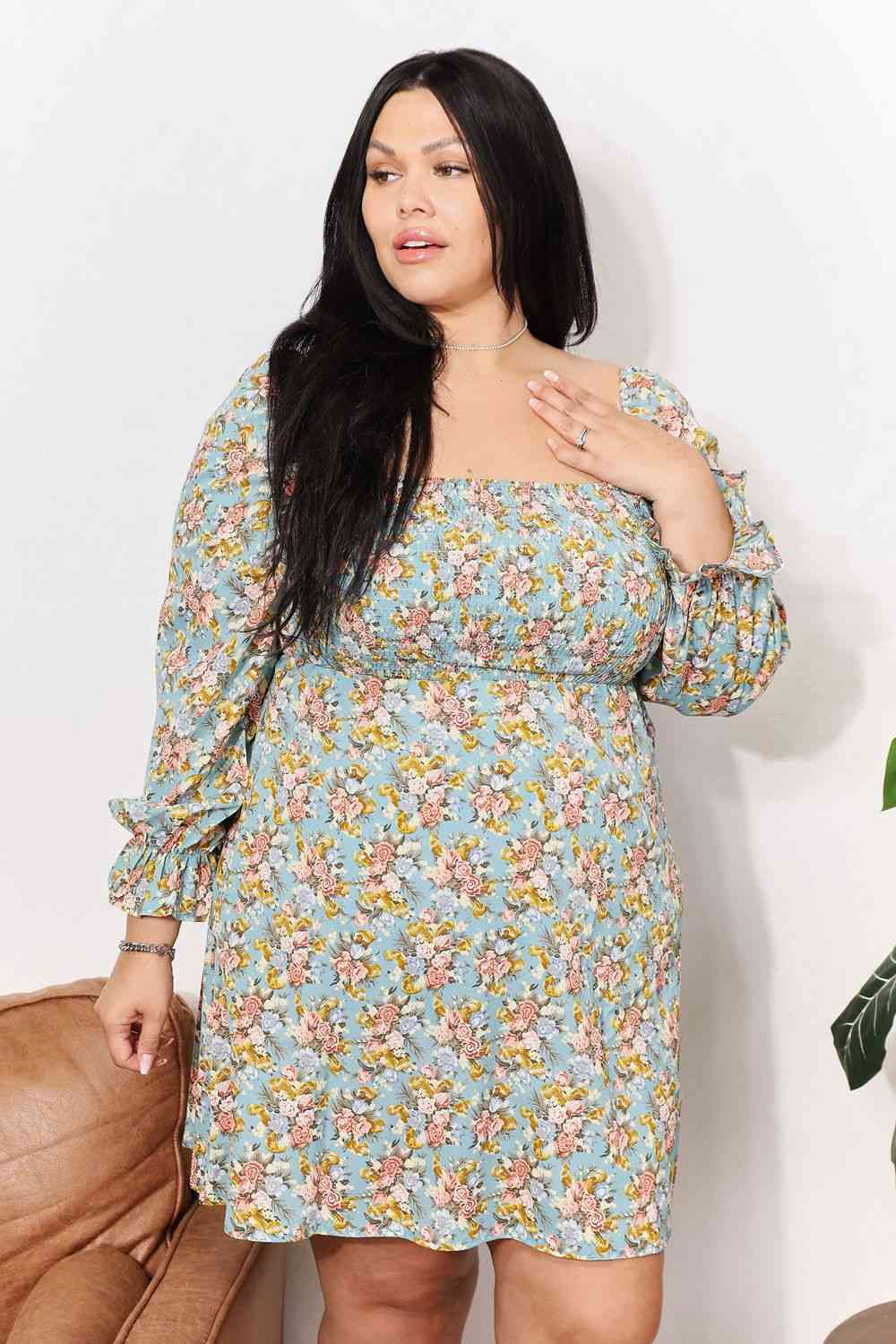 The Kimberly Floral Smocked Flounce Sleeve Square Neck Dress