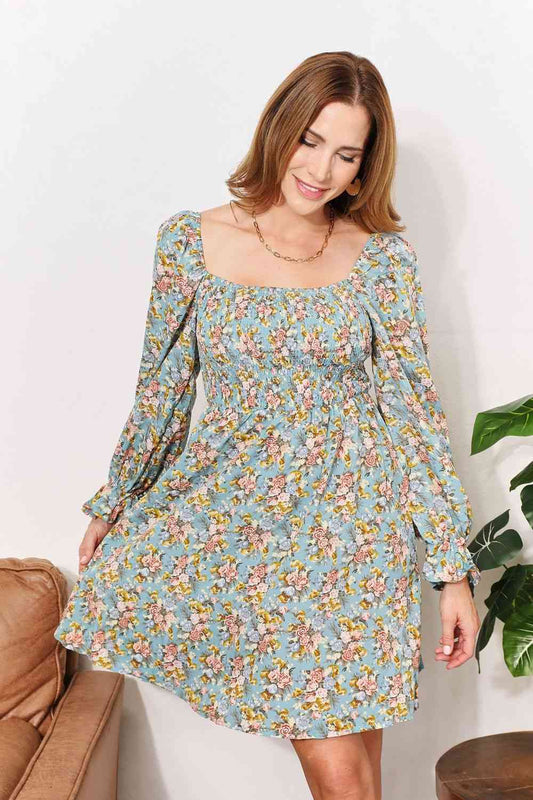 The Kimberly Floral Smocked Flounce Sleeve Square Neck Dress