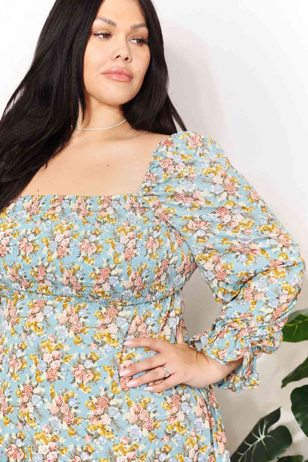 The Kimberly Floral Smocked Flounce Sleeve Square Neck Dress