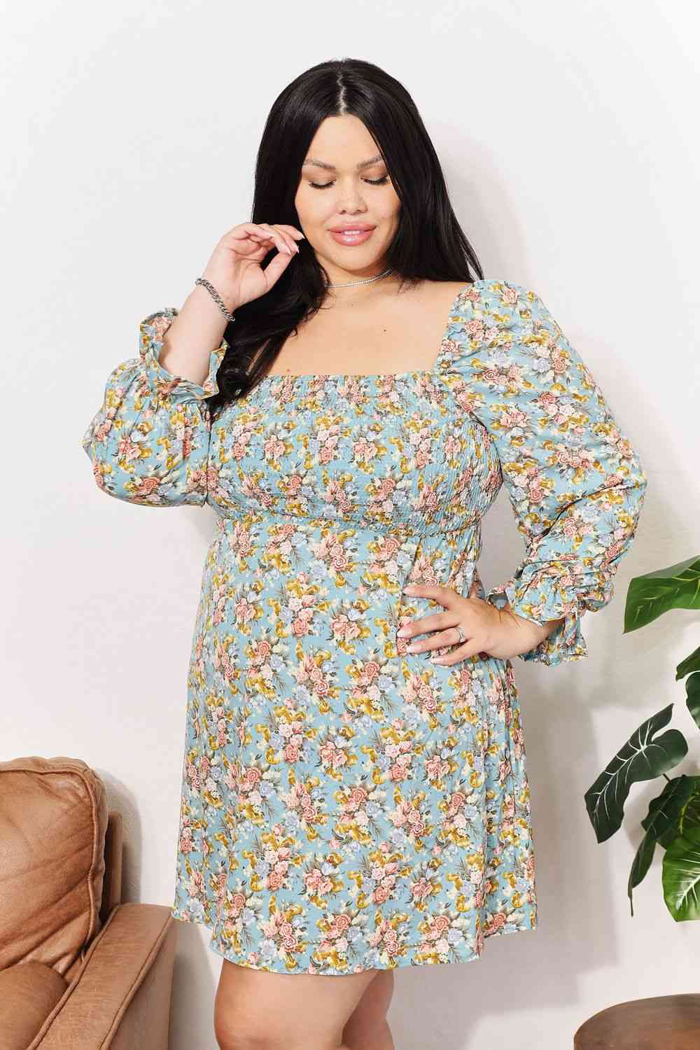 The Kimberly Floral Smocked Flounce Sleeve Square Neck Dress