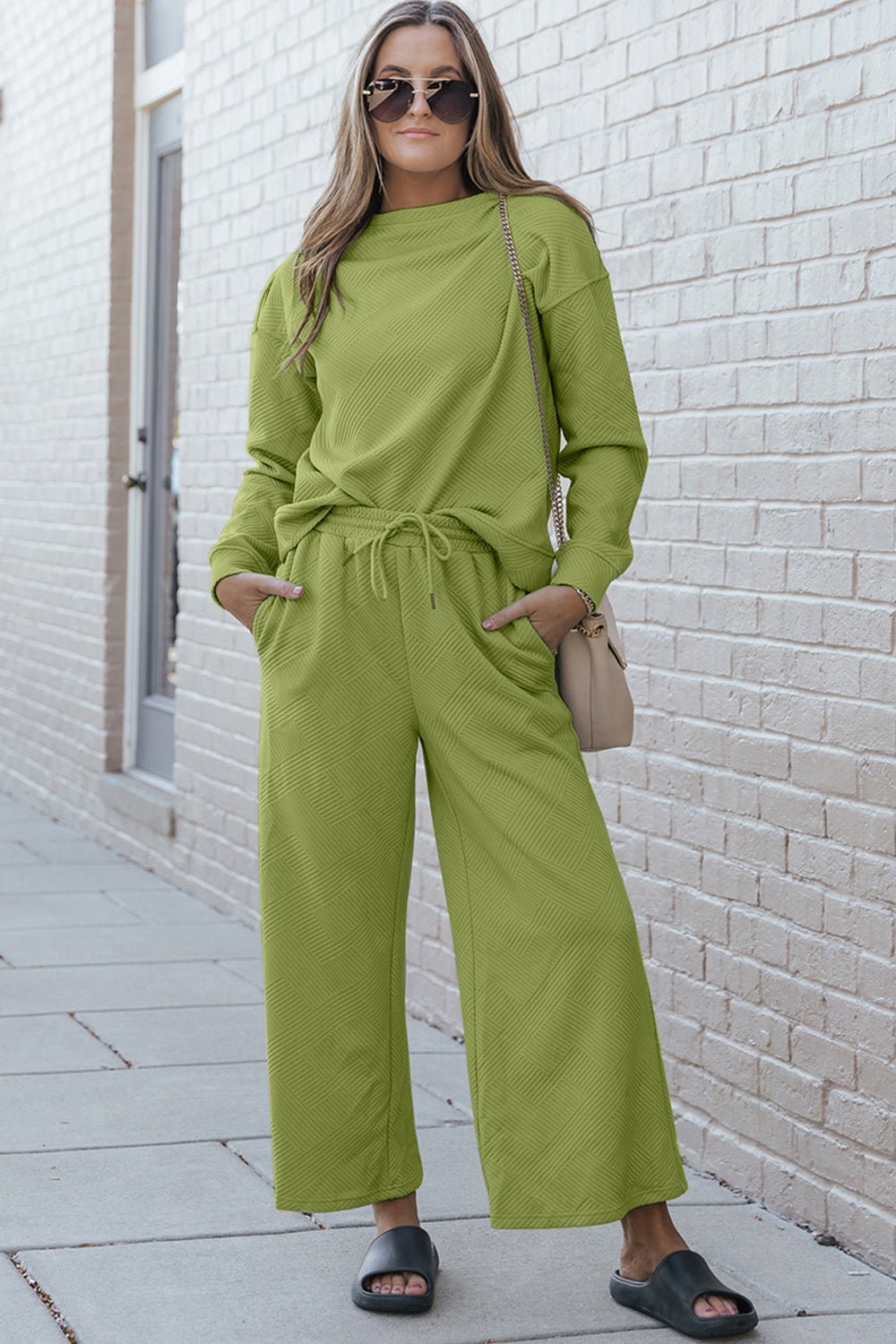 The Lexi Textured Long Sleeve Top and Drawstring Pants Set - PEONIES & LIME