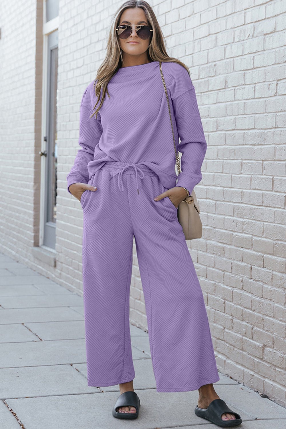 The Lexi Textured Long Sleeve Top and Drawstring Pants Set - PEONIES & LIME