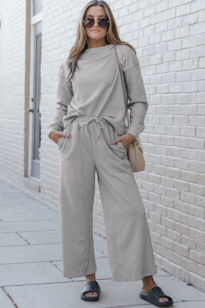 The Lexi Textured Long Sleeve Top and Drawstring Pants Set