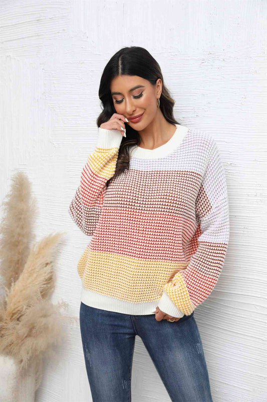 The Liliana Waffle-Knit Dropped Shoulder Color Block Sweater