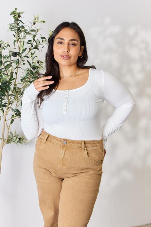 The Macy Ribbed Half Snap Long Sleeve Bodysuit