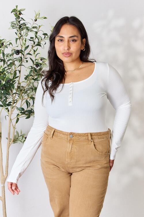 The Macy Ribbed Half Snap Long Sleeve Bodysuit