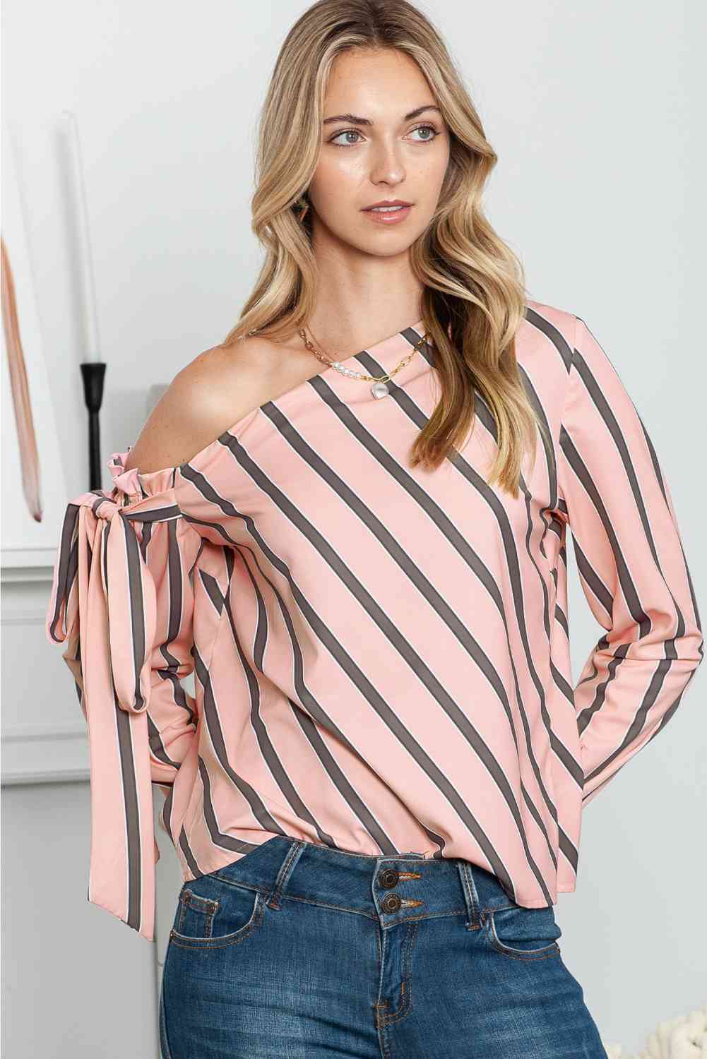 The Mallory Striped Asymmetrical Long Sleeve Blouse
