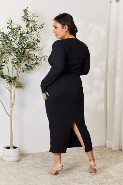 The Mina Ribbed Long Sleeve Midi Slit Dress