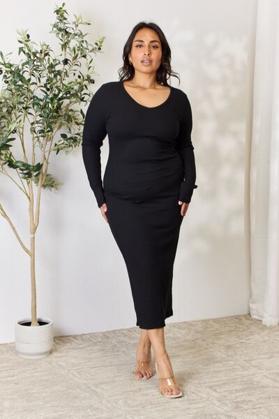 The Mina Ribbed Long Sleeve Midi Slit Dress