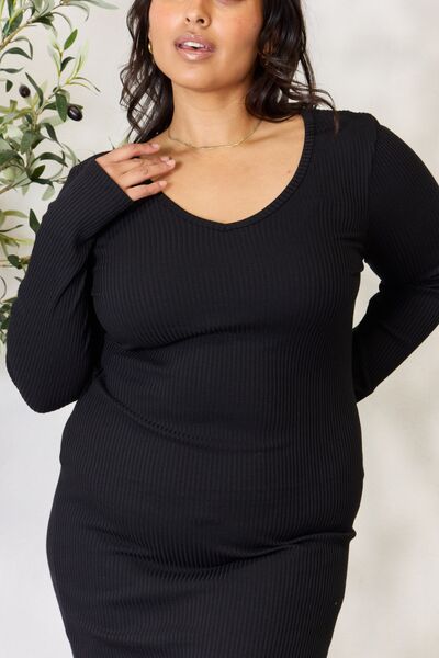The Mina Ribbed Long Sleeve Midi Slit Dress