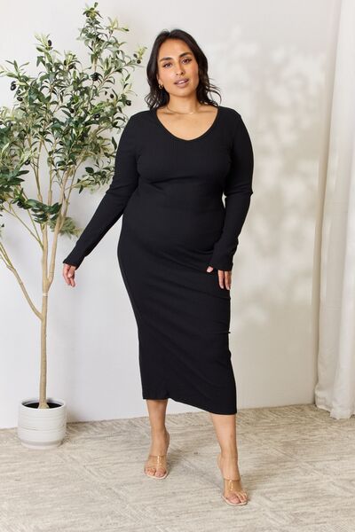 The Mina Ribbed Long Sleeve Midi Slit Dress