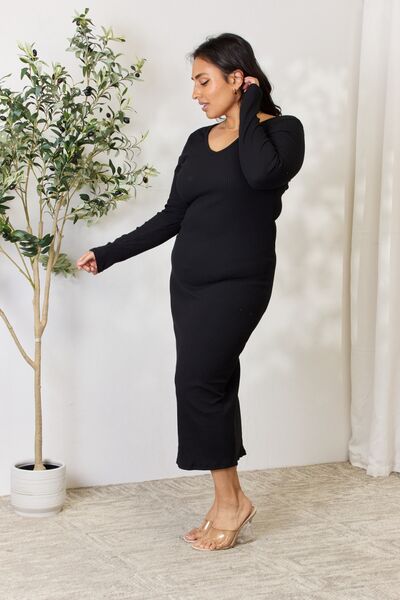 The Mina Ribbed Long Sleeve Midi Slit Dress