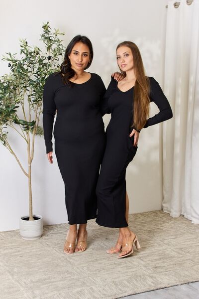 The Mina Ribbed Long Sleeve Midi Slit Dress