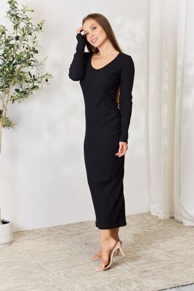 The Mina Ribbed Long Sleeve Midi Slit Dress