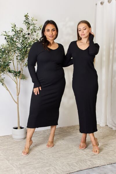 The Mina Ribbed Long Sleeve Midi Slit Dress