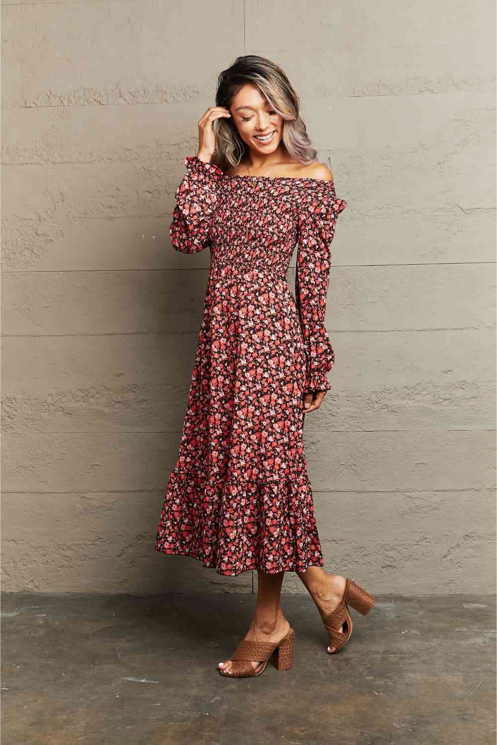 The Myla Off-Shoulder Long Sleeve Midi Dress