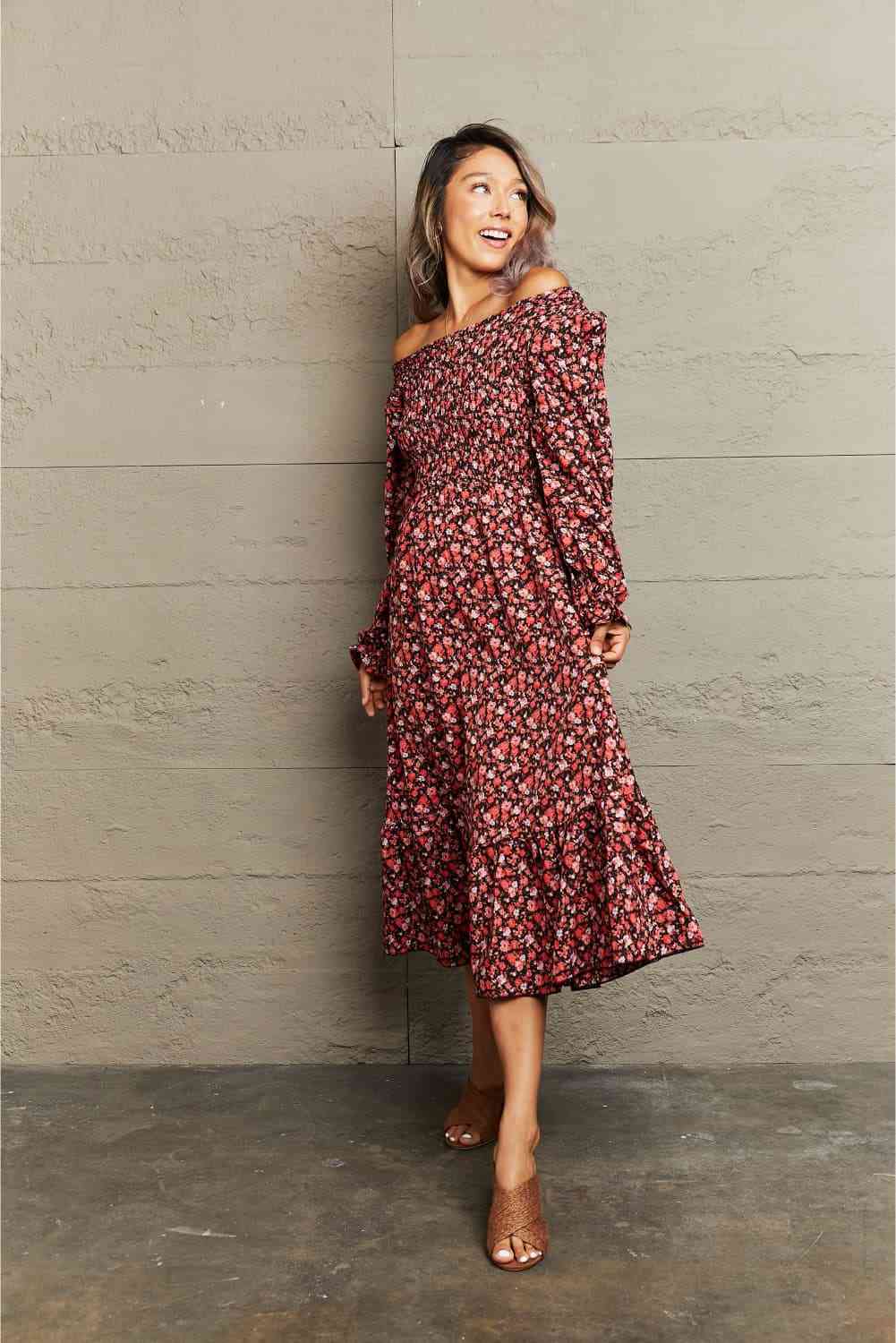 The Myla Off-Shoulder Long Sleeve Midi Dress