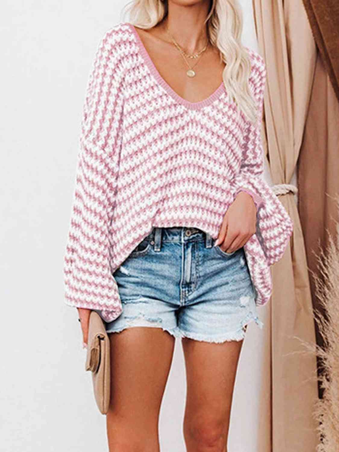 The Piper Striped Drop Shoulder V-Neck Sweater