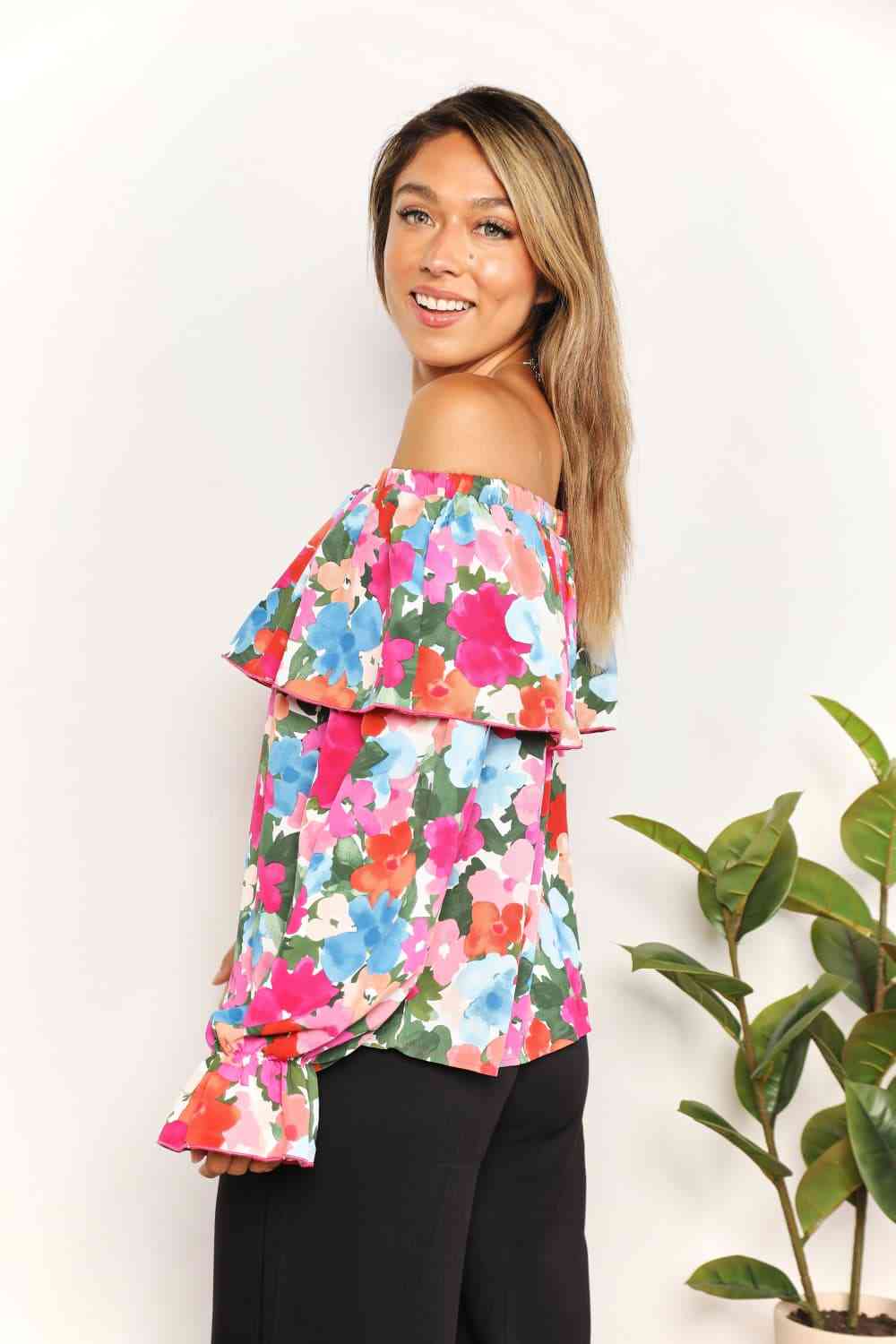 The Samantha Floral Off-Shoulder Flounce Sleeve Layered Blouse