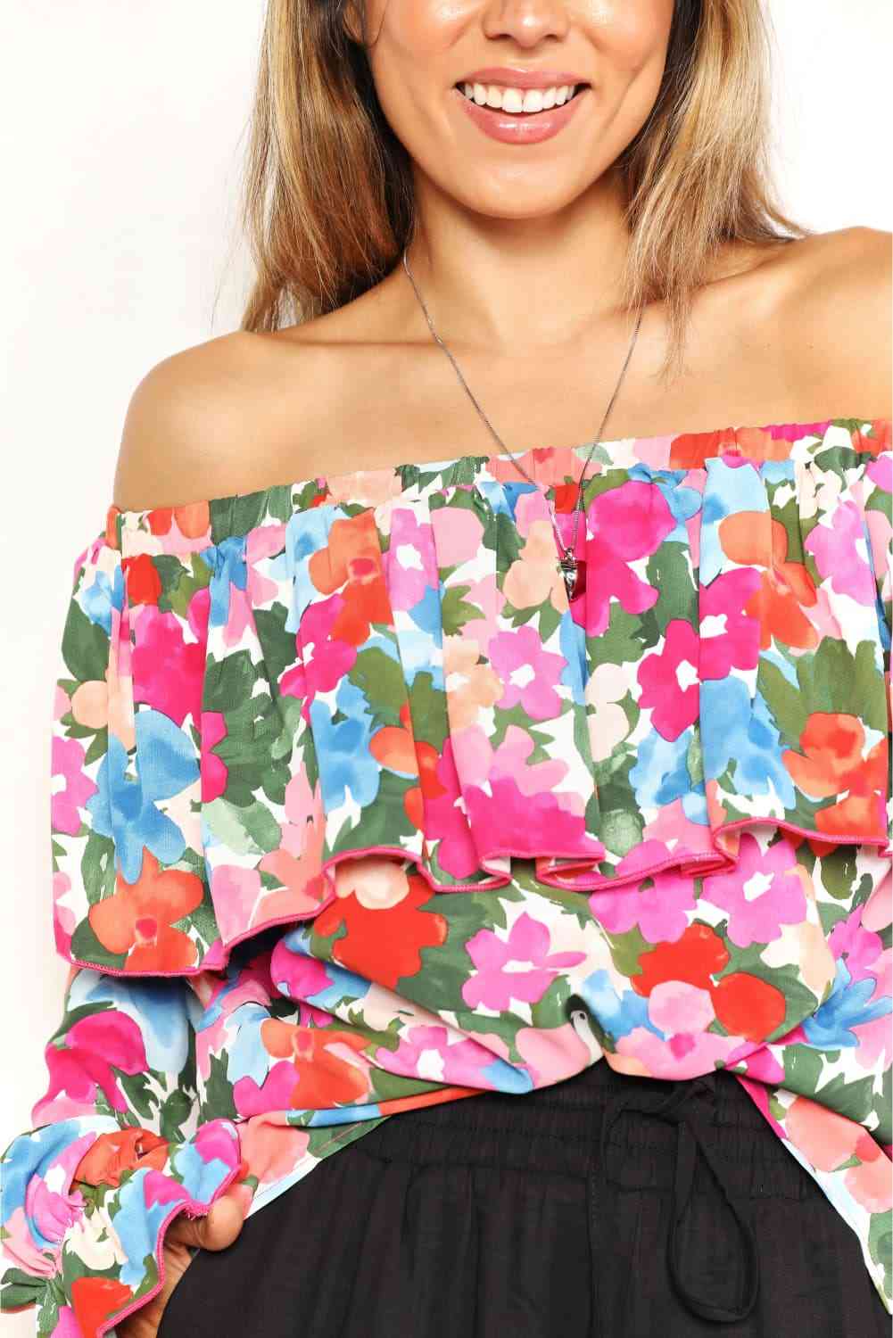The Samantha Floral Off-Shoulder Flounce Sleeve Layered Blouse