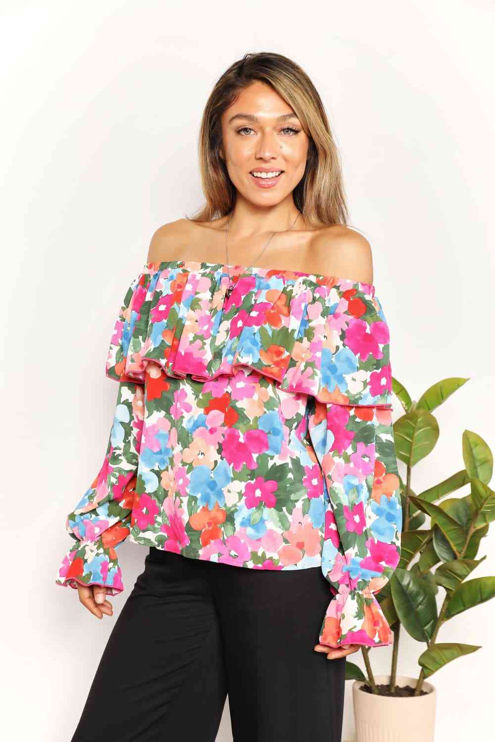 The Samantha Floral Off-Shoulder Flounce Sleeve Layered Blouse