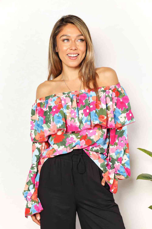 The Samantha Floral Off-Shoulder Flounce Sleeve Layered Blouse