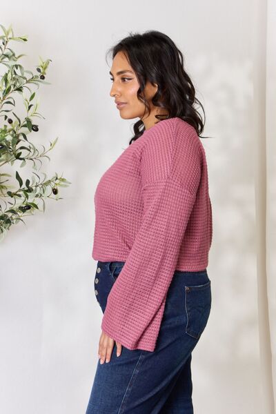 The Sharon Waffle-Knit Round Neck Long Sleeve Blouse - PEONIES & LIME