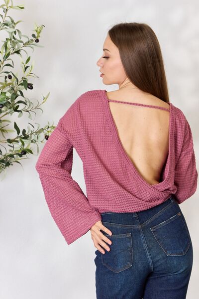 The Sharon Waffle-Knit Round Neck Long Sleeve Blouse - PEONIES & LIME