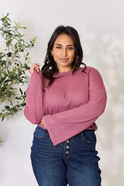 The Sharon Waffle-Knit Round Neck Long Sleeve Blouse - PEONIES & LIME