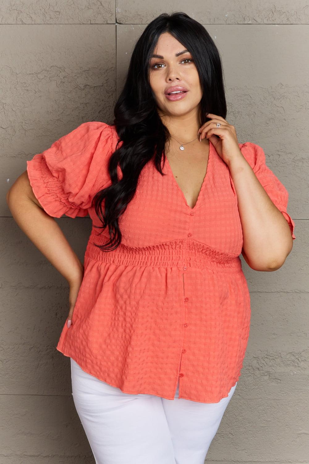 The Shay V-Neck Puff Sleeve Button Down Top - PEONIES & LIME