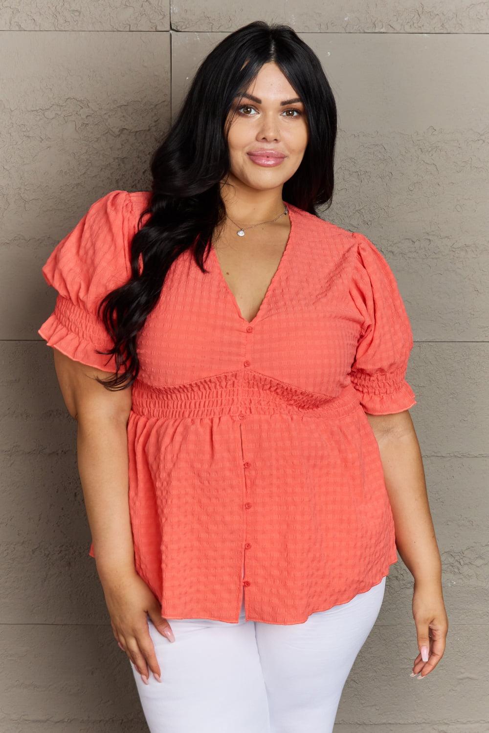 The Shay V-Neck Puff Sleeve Button Down Top - PEONIES & LIME